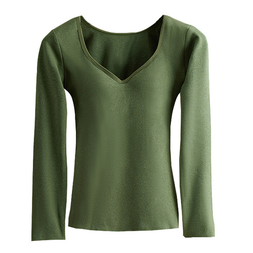Simple V-neck thermal top for women, fixed all-in-one cup, skin-friendly, comfortable and thermal underwear for outer wear, slim fit and inner wear