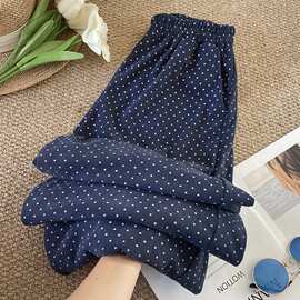 藏青色波点直筒裤女2025冬新款减龄显瘦文艺百搭松紧腰灯芯绒长裤