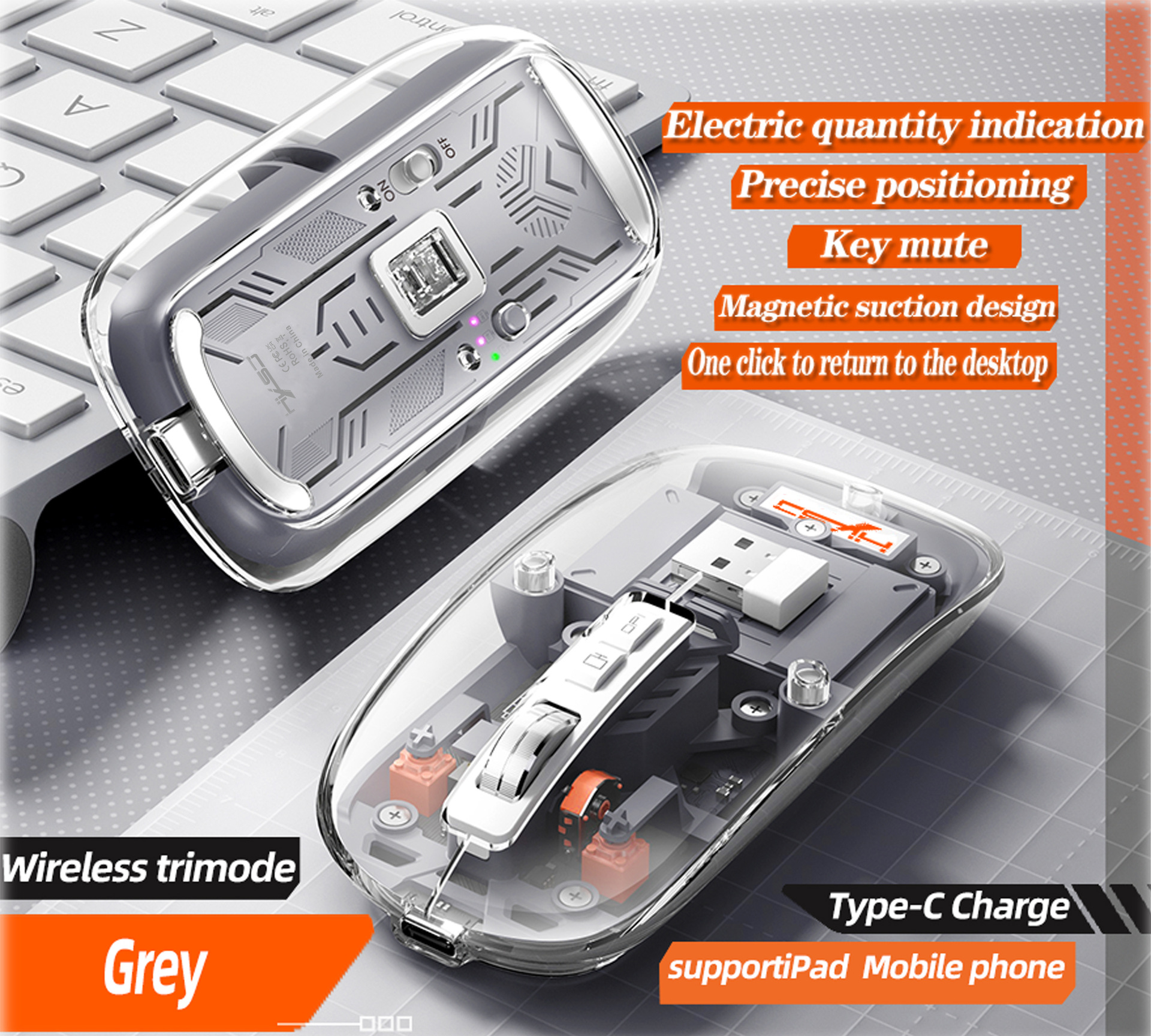 Il terzo esame simulato trasparente 2.4G/Bluetooth 5.1 silenzioso magnetico ricaricabile mouse wireless carica display_voghion.com