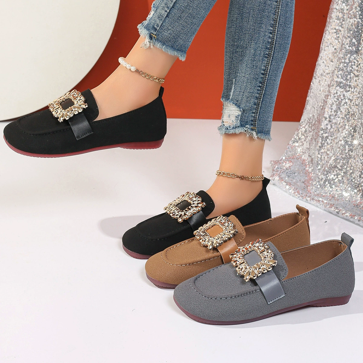 Женские балетки больших размеров с квадратным носком и стразами, на толстом каблуке, низкий каблук, удобные лоферы для женщин, новый стиль весна-осень 2025
