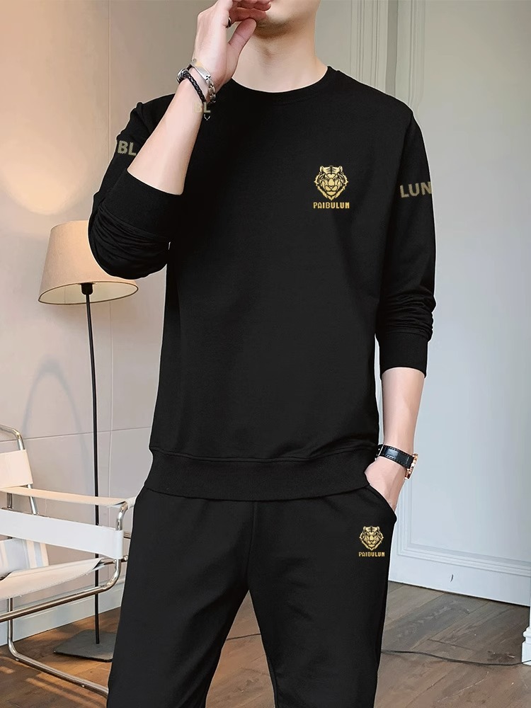 Traje de hombre casual moda de otoño nuevo cuello redondo manga larga deportes juventud versátil simple traje de dos piezas de hombre