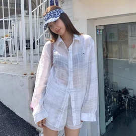 高版RL拉夫刺绣小马标亚麻条纹衬衫+短裤套装百搭休闲防晒两件套