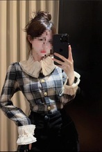 小香风珍珠娃娃领格子毛呢外套女冬季法式千金风气质短款开衫上衣