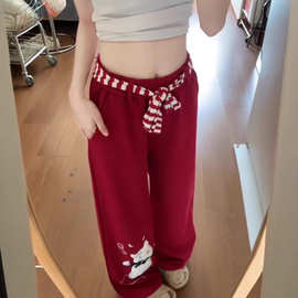 立体高腰新年圣诞红色卫裤女冬毛绒猫咪可拆卸腰带时尚运动裤潮流