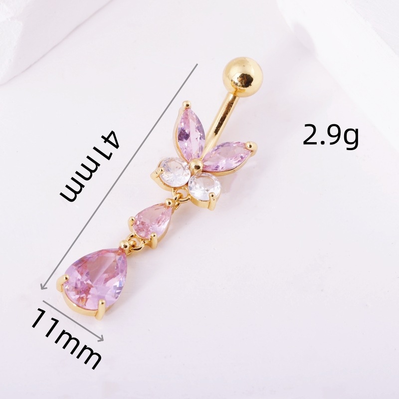 Sexy Inverted Peach Heart Long Navel Ring Marquise Belly Ring Set Copper Gold 2025 Summer detail image 11