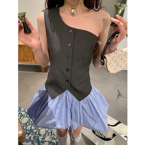 Summer Pure Desire Sweet Korean Style Shoulder-Focused Minimalist High-End Gray and Green Tone Off-the-Shoulder Stylish Suit Vest Set