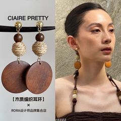 棕色系木质圆吊坠耳环复古气质高级感简约耳饰耳钉