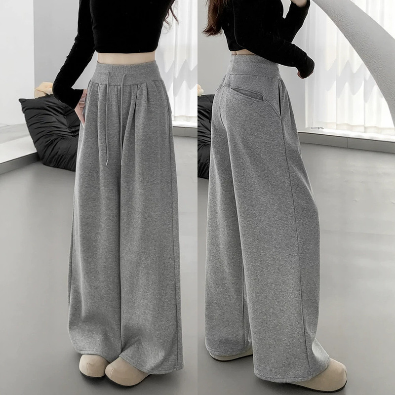 American-style athletic pants, new spring/autumn collection, high-waisted, loose-fitting, casual, floor-length, with a relaxed drape, straight-leg design, and wide-leg style