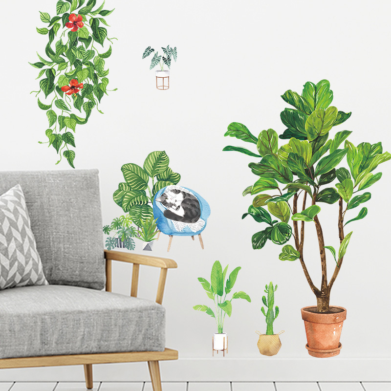 Nouvelles Plantes En Pot Tropicales De Style Coréen Stickers Muraux Chat Vert display picture 5