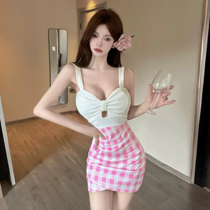Sexy checkered color blocking patchwork suspender with buttocks and bottom lining dress