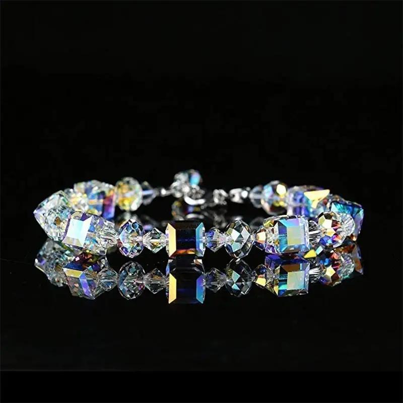 Cross-Border Popular Square Crystal Transfer Stone Bracelet Fashionable Ladies Elegant Jewelry Aurora Ab Color Bracelet Wholesale