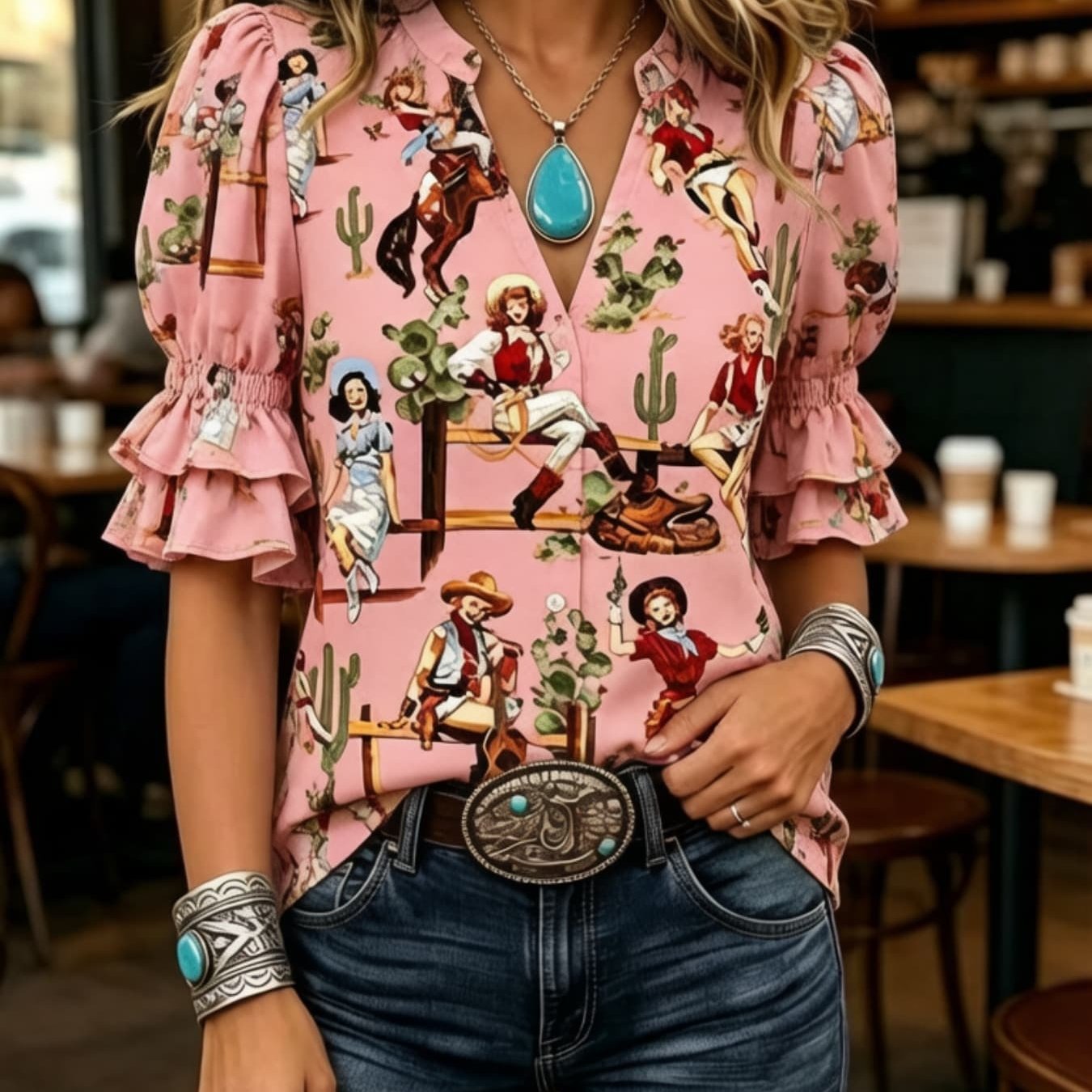 Transfronterizo exclusivo para camisas de impresión vintage mujeres sueltas de cuello en V de manga corta chaqueta bohemiana Europa y América nuevo transfronterizo image 45