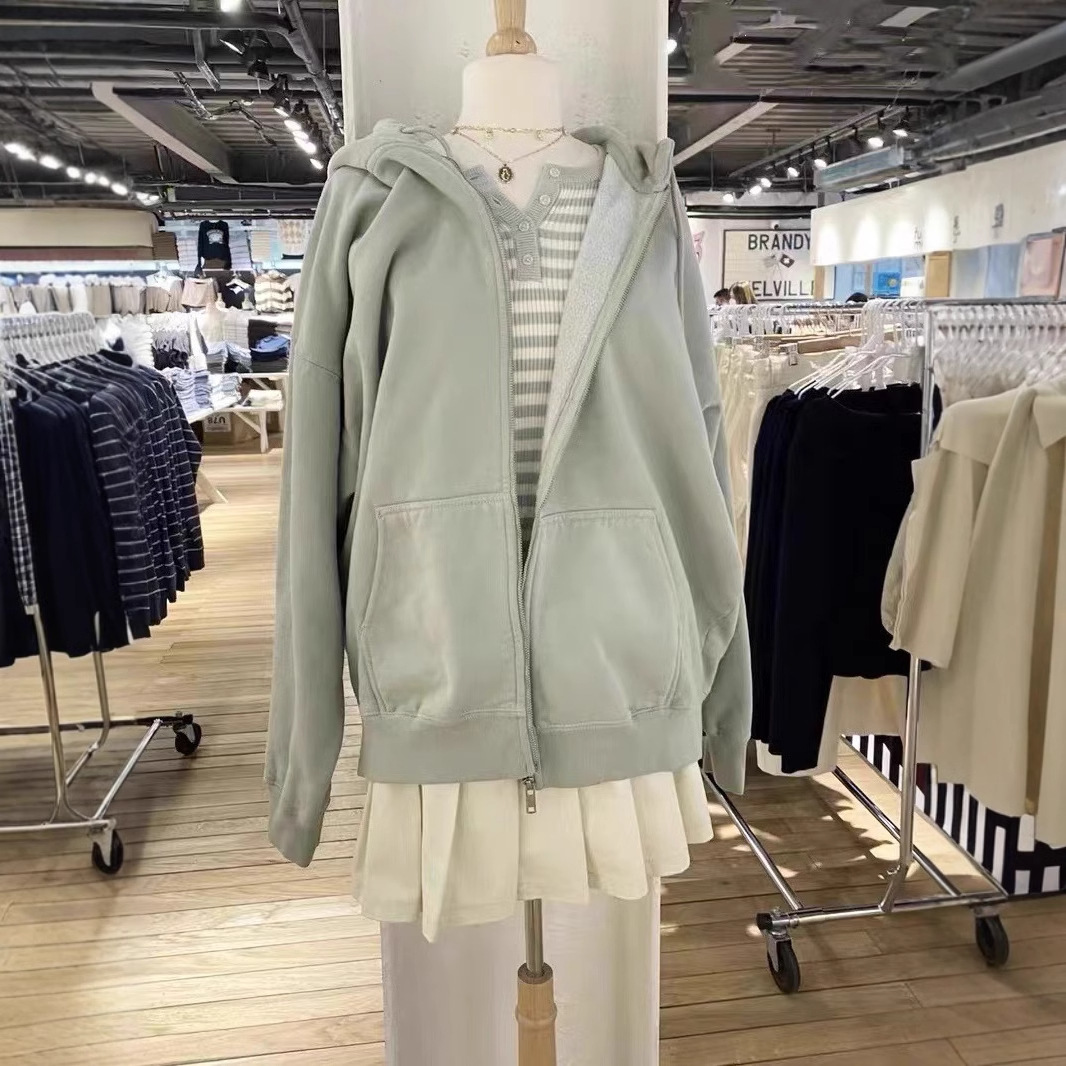 Bm風ブランディ同タイプの女性コートの純色のゆったりしたジッパーと帽子のカーディガン