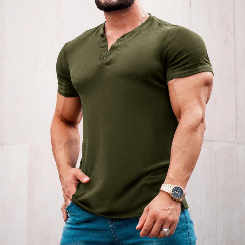 2024 New Summer Casual Solid Short Sleeve Round Neck Pullover Button Henley T-shirt for Men_vogarts.com