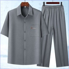 夏用半袖アイスシルクシャツ、中高年お父さんシャツ、メンズ薄手スーツ、おじいちゃん夏服、ゆったり