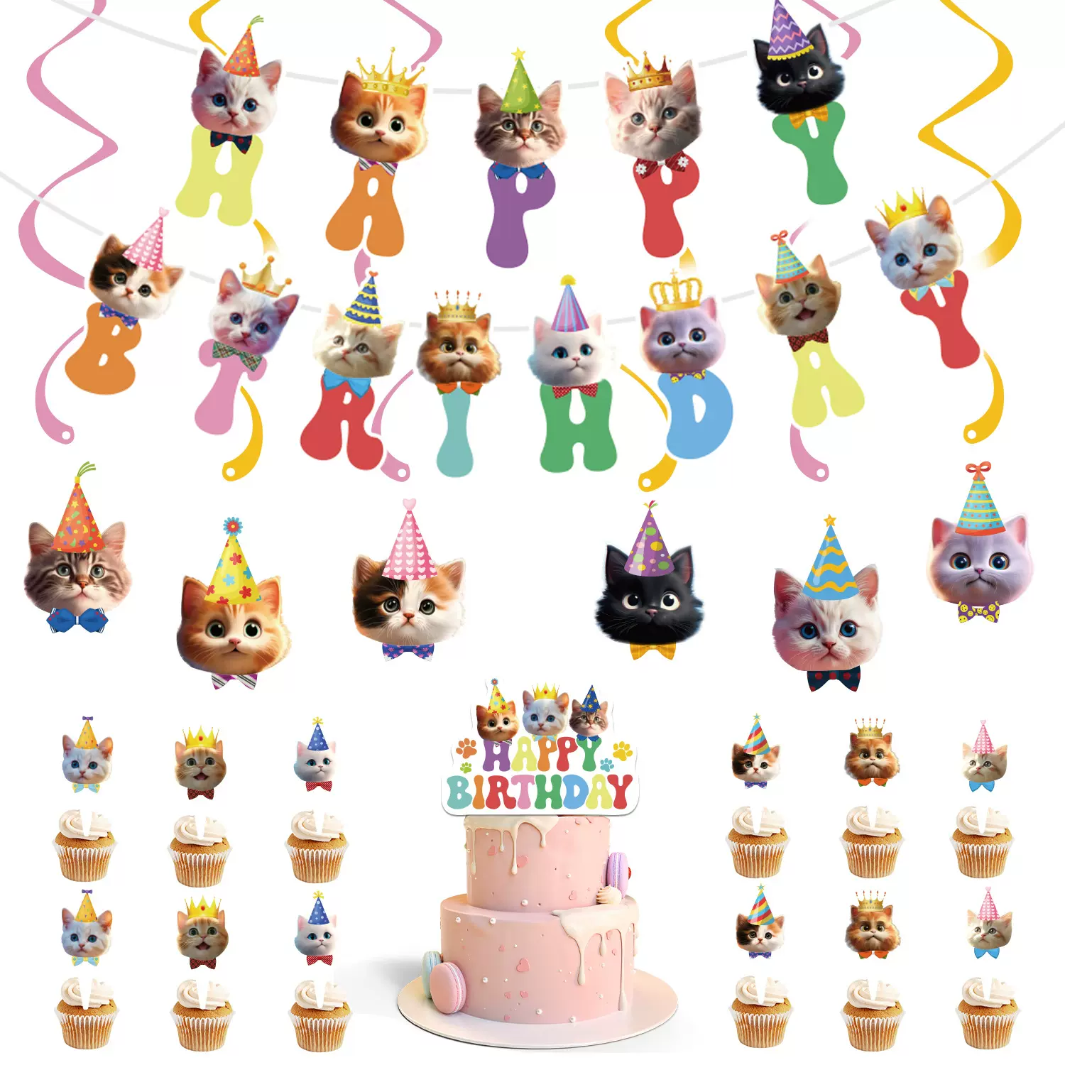 猫咪生日派对装饰蛋糕插牌螺旋套装宠物猫生日派对横幅装饰用品