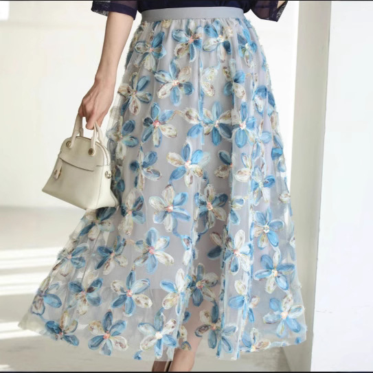 Heavy-Duty Floral Sequin Fairy Tulle Skirt 2025 Summer New Hip-Covering Long Umbrella Skirt A-Line Half Skirt