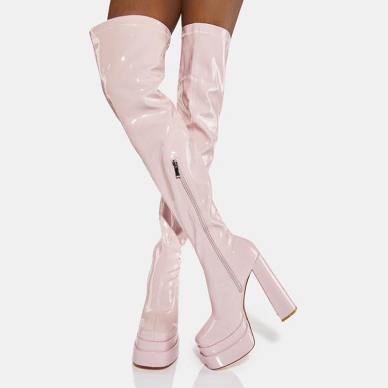 2022 Spring and Autumn New Style Pink Thick-Heeled Square-Toe Large-Size Waterproof Platform Long Boots Women's Boots Over-The-Knee Long Boots Women's Shoes