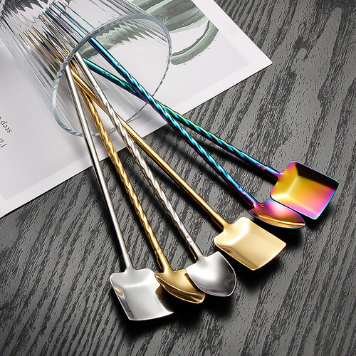 Cross-border 304 stainless steel straw spoon creative threaded watermelon spoon milk tea coffee dessert square spoon pointed spoon stirrer