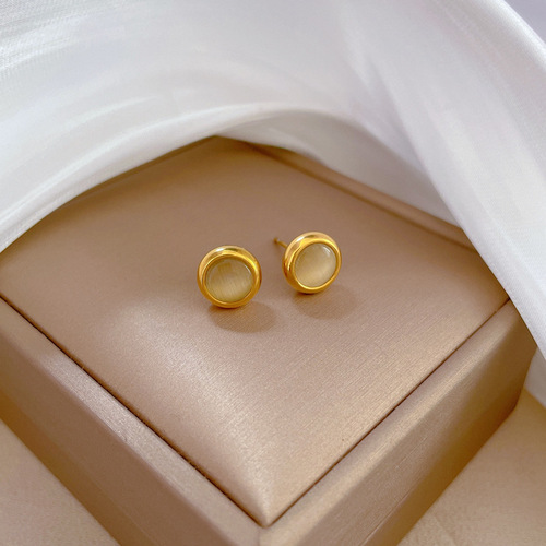 [Full-body titanium steel] round cat-eye minimalist style earrings, cold men and women earrings, personalized temperament banquet earrings
