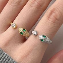 银锭s925纯银蛇形戒指女镶嵌绿色椭圆形锆石精致时尚百搭开口戒指