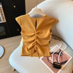 Xiaofei スリーブニット半袖 Tシャツ女性の夏 2025 新しいスタイル背中中空巾着ハイエンドスリムショートトップ
