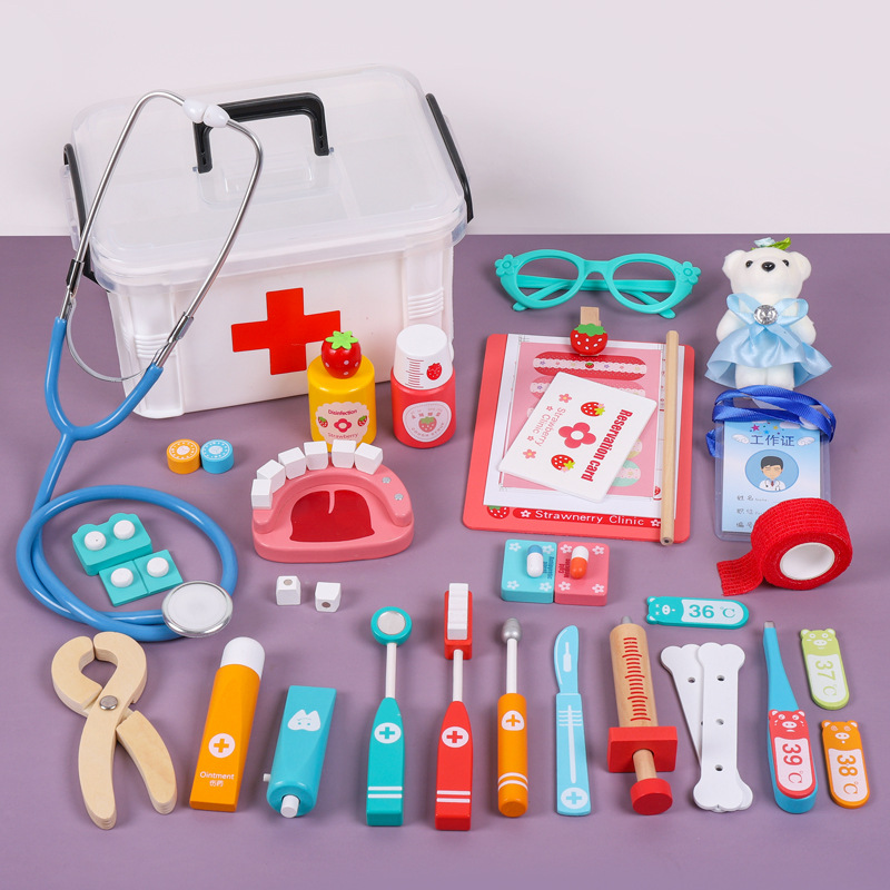 De los niños juguete médico juego casa niños y niñas inyección simulación de madera caja la medicina estetoscopio regalo al por mayor