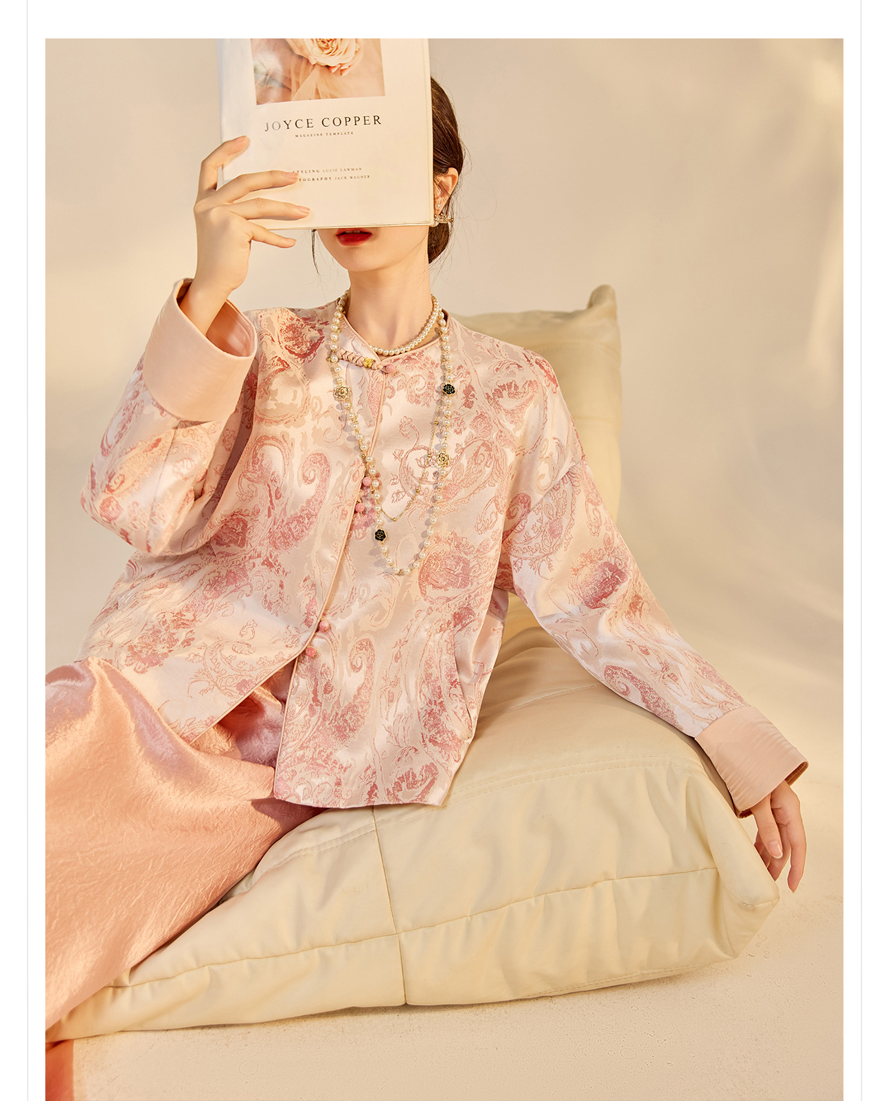 Áo khoác nữ kiểu Trung Hoa mới, chất liệu jacquard họa tiết nổi, phối khuy cài, form suông thu đông N9025 — Miju [phiên bản cotton], Hồng nhạt [phiên bản cotton], hồng nhạt, cơm cam chi tiết 18