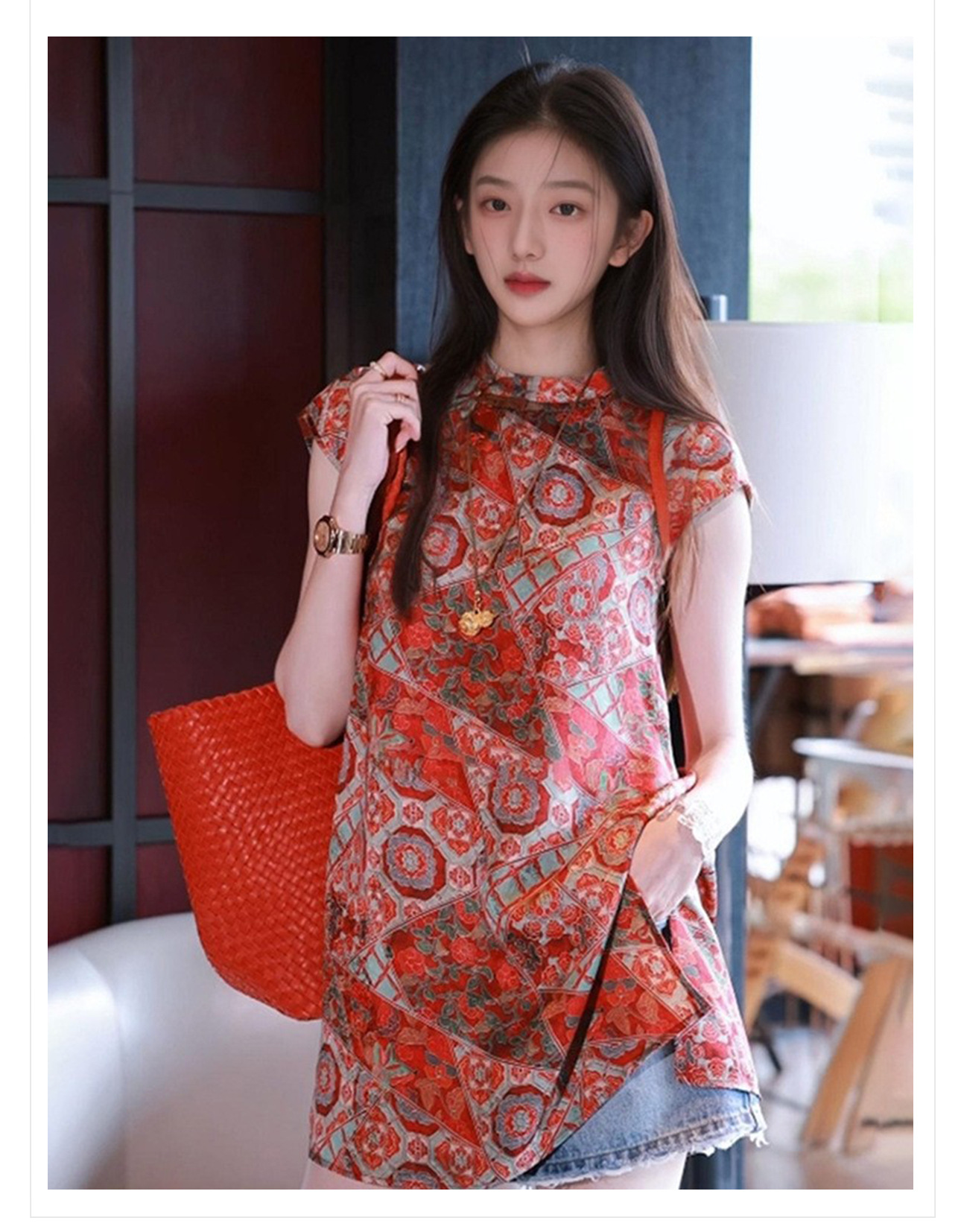 Đầm suông midi phong cách Trung Hoa mới, chất liệu rayon, họa tiết in thêu cao cấp — Màu đỏ san hô, Màu caramel chi tiết 3