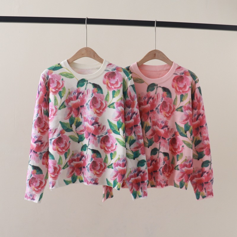 Autumn and Winter New Full-body Rose Flower Print Round Neck Long-sleeved Sweater Base Sweater