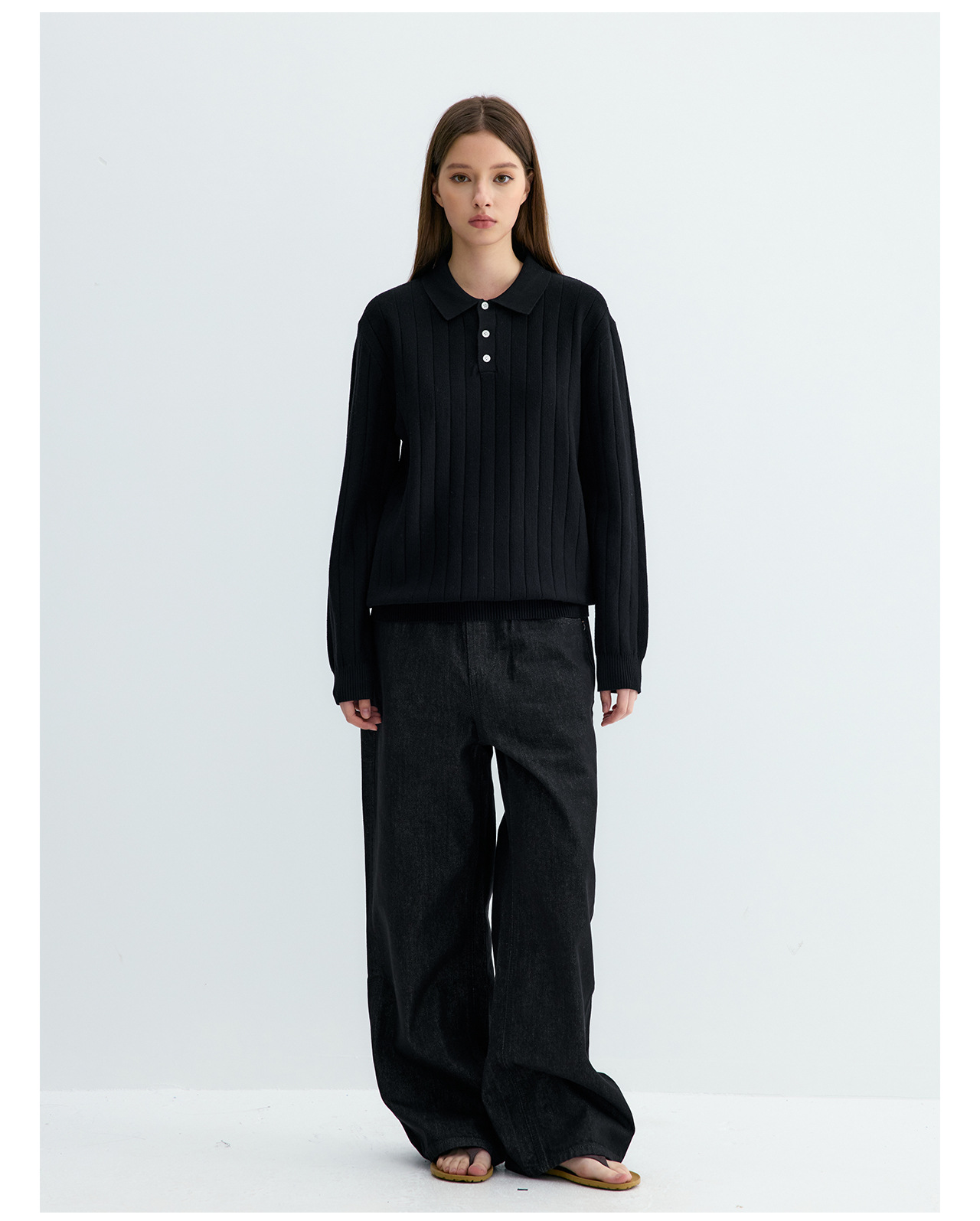 UNF 250g Ribbed Knit Polo Sweater