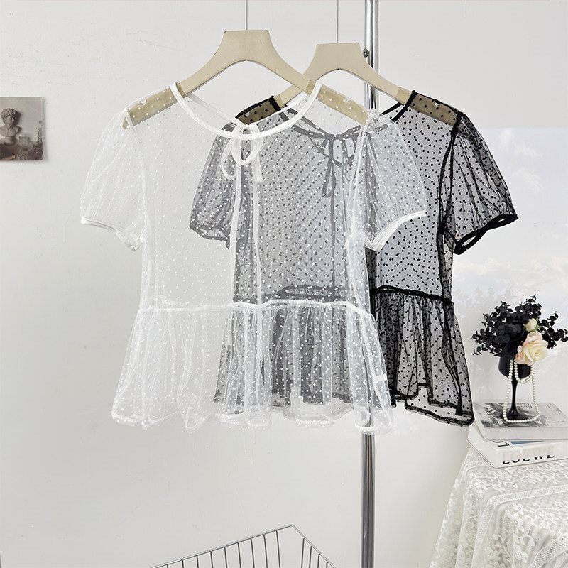 Korean-Style Atmospheric Mesh Round-Neck Short-Sleeve Polka Dot Babydoll Shirt for Women, Spring 2026, Ruffled Layered Sheer Top