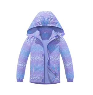 Girls' outdoor waterproof breathable hooded zipper jacket fashionable sports printed gradient leopard print trench coat
