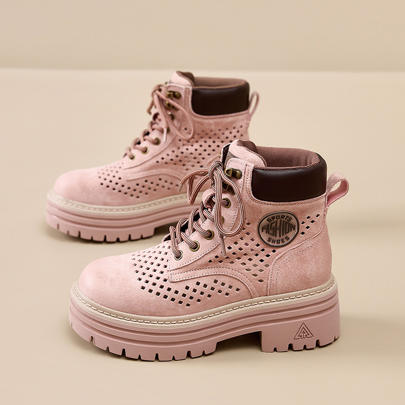 2026 Summer Hollow Out Breathable Martin Boots for Women, Hidden Heel Thick-Soled Yellow Boots, Retro Suede Versatile Height-Increasing Ankle Boots