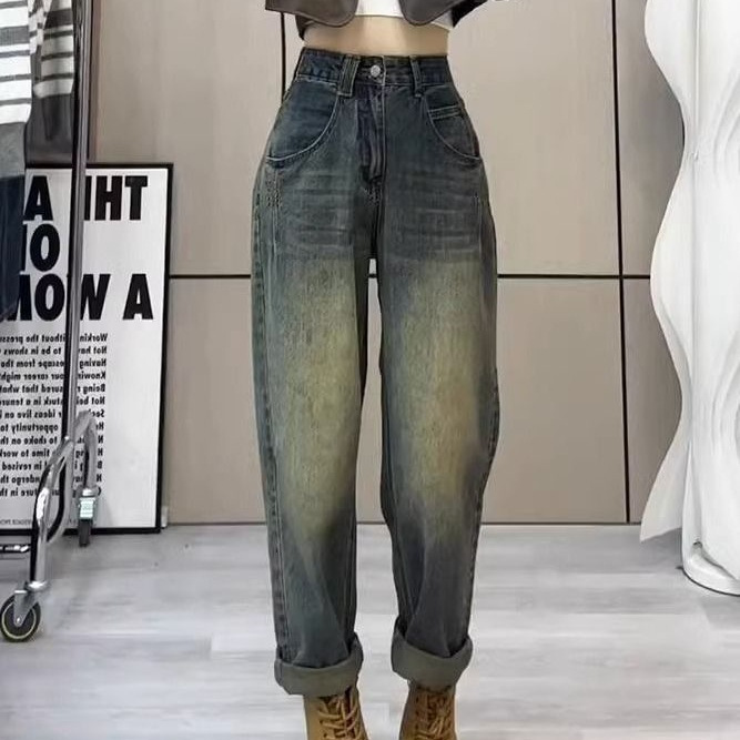 小个子哈伦牛仔裤女2025冬季新款复古高腰宽松显瘦加绒加厚老爹裤