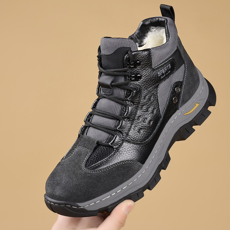 Invierno de piel de vaca, nuevos zapatos de algodón de hombre, lana caliente al aire libre, escalada de montaña y tercife, zapatos de hombre antideslizantes y gruesos.