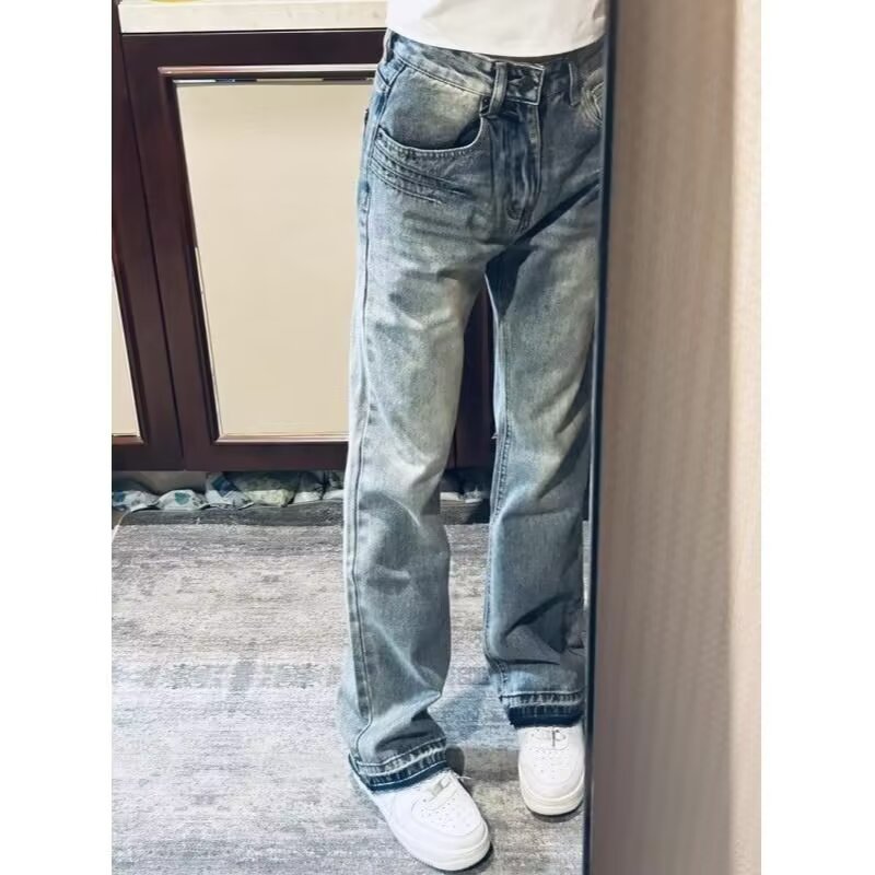 Teen Washed Denim Jeans American Style Summer Trendy Unisex High Street Loose Straight Leg Pants mid Waist Blue Long Non-Stretch_mkmklike.com