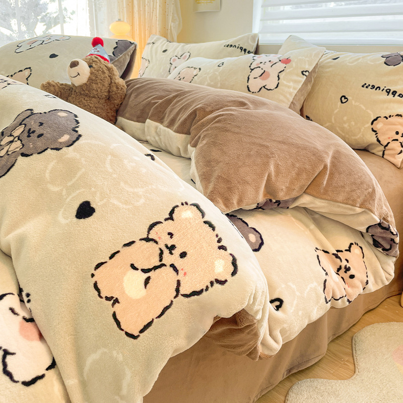 Juego de cuatro piezas de lana de leche gruesa de invierno 2024 nuevo traje de cuatro piezas de lana de coral de doble cara más funda de edredón de terciopelo