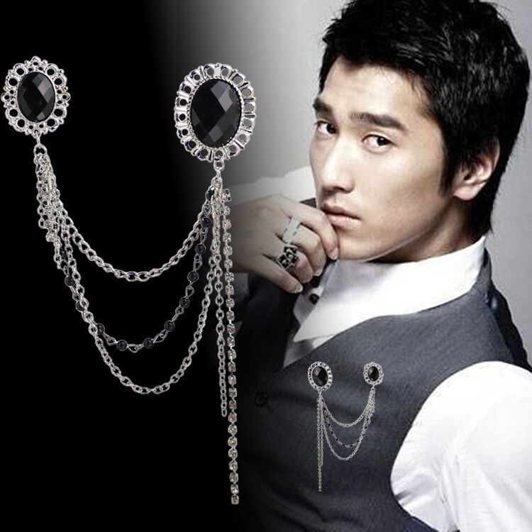 Fashion trend oval black gem diamond men's suit brooch chain tassel suit jacket pin badge