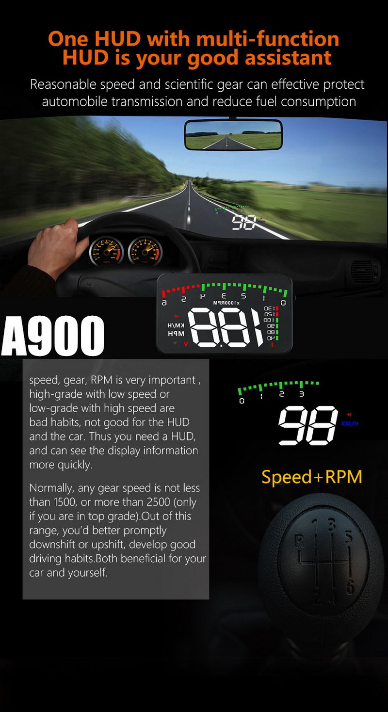 Hud Car Head-Up Display Displays Speed, Rpm, Water Temperature, and Voltage with 4 Practical Functions A900 Cross-Border