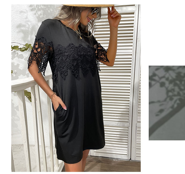 short-sleeved loose stitching round neck solid color lace t-shirt dress NSDMB127408