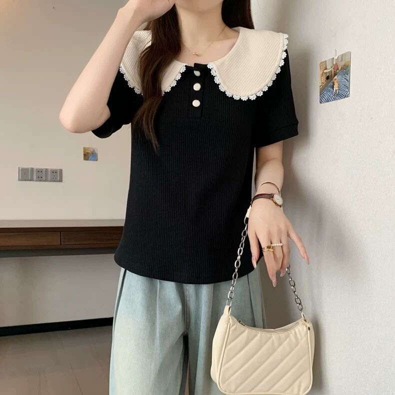 Plus Size Women's Shirt 2025 Summer New Fat mm Doll Collar Lace Short-Sleeved Top Slimming Look and Stylish Shirt