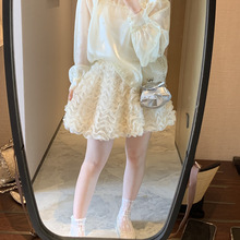 立体花瓣波浪边网纱裙2024新款减龄松紧腰蓬蓬蛋糕裙短裙半身裙女