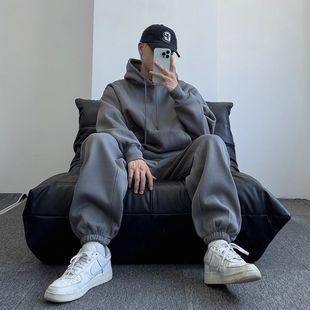 Casual Two-piece Set for Boys Autumn and Winter Simple High-end Street Loose fleece-lined Thickened Sweat Sports suit