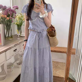 韩系套装女夏季小清新V领蓝色格子短袖衬衫+系带高腰半身裙两件套