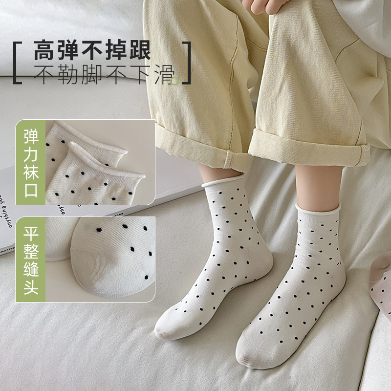 靴下 ミドル丈 水玉模様 ロールアップ 夏用 綿靴下 吸汗 防臭 日本風 万能 INS風 シンプル 学生 ロングソックス|undefined