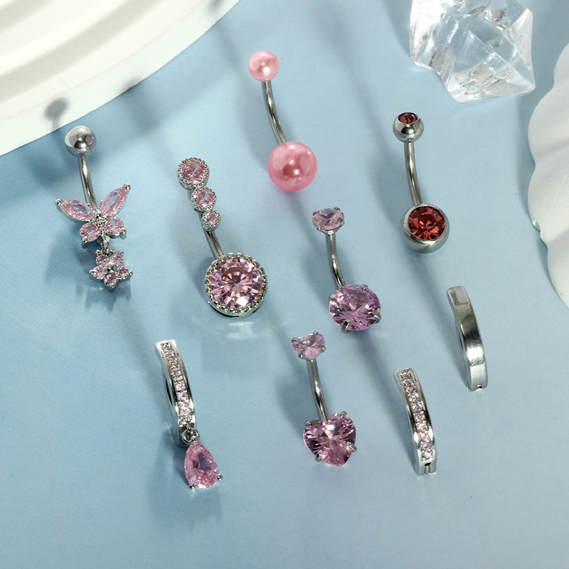 Zircon Butterfly Flower Belly Button Ring Set - Gold Plated Stainless Steel Navel Piercing Jewelry detail image 4