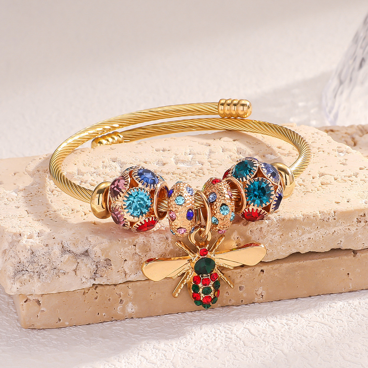 Joyas explosivas transfronterizas Panjiafeng Brother aleación oro ajustable pulsera de abeja femenina brillante anillo de moda de bola de diamante