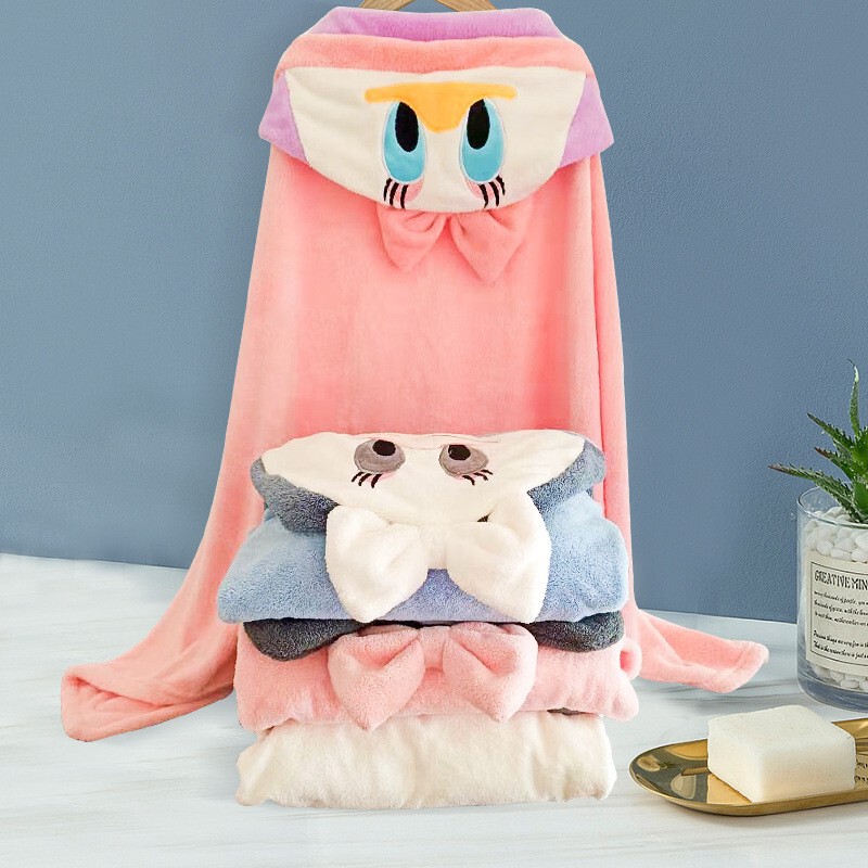 Coral Velvet Wearable Cartoon Hooded Bath Towel Wholesale Kidsren's Cloak Bath Skirt Soft Absorbent Baby Bathrobe Customization