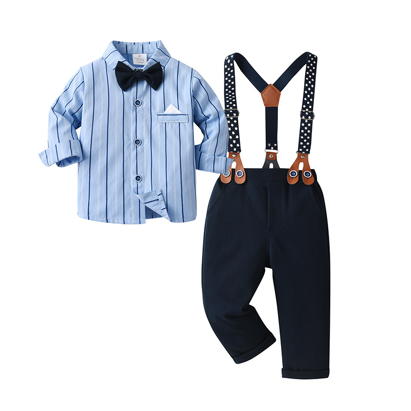 Ropa infantil transfronteriza primavera y otoño pantalones tirantes a rayas niños traje ropa de bebé niño Caballero vestido niño ropa de otoño